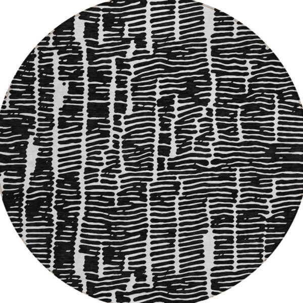8' Black And Ivory Round Abstract Washable Indoor Outdoor Area Rug