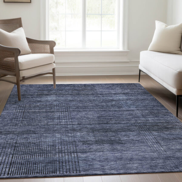 8' X 10' Navy Blue And Gray Striped Washable Indoor Outdoor Area Rug