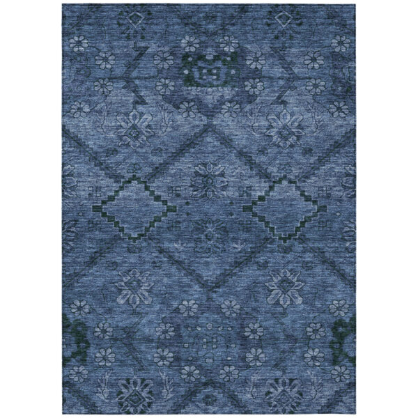 8' X 10' Navy Blue And Denim Blue Floral Washable Indoor Outdoor Area Rug