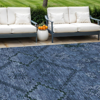 8' X 10' Navy Blue And Denim Blue Floral Washable Indoor Outdoor Area Rug