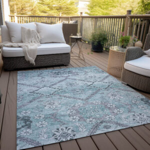 10' X 14' Teal Blue Aqua And Gray Floral Washable Indoor Outdoor Area Rug
