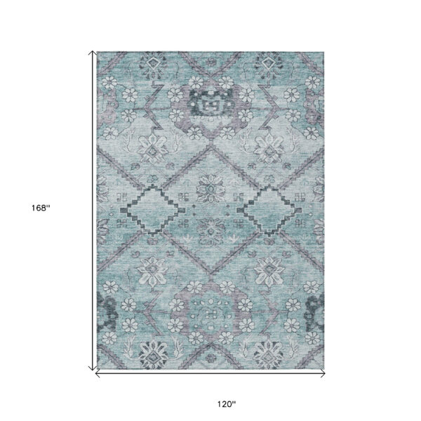 10' X 14' Teal Blue Aqua And Gray Floral Washable Indoor Outdoor Area Rug