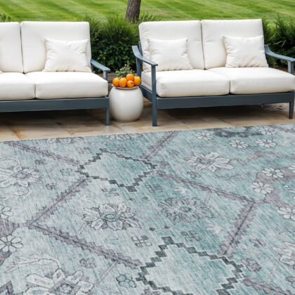 10' X 14' Teal Blue Aqua And Gray Floral Washable Indoor Outdoor Area Rug