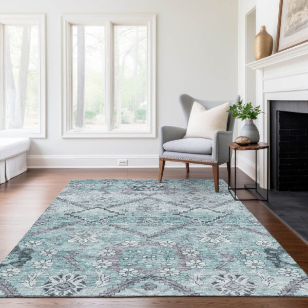 10' X 14' Teal Blue Aqua And Gray Floral Washable Indoor Outdoor Area Rug
