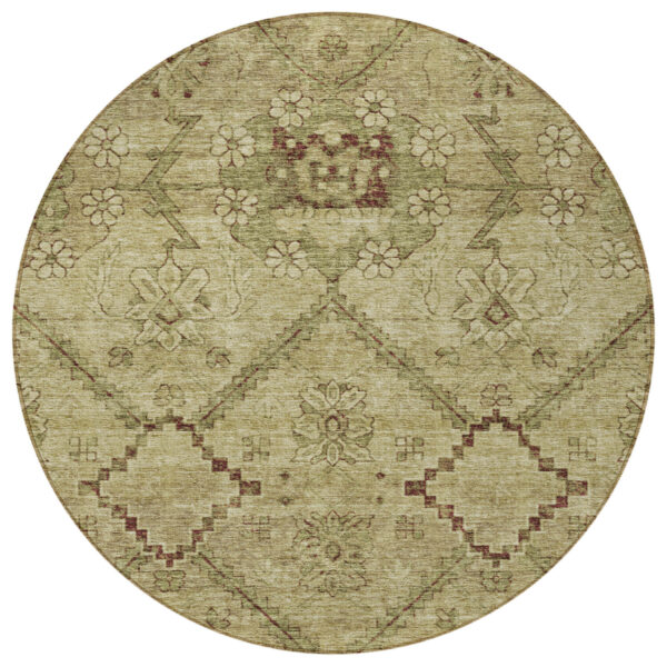 8' Brown Beige And Artichoke Green Round Floral Washable Indoor Outdoor Area Rug