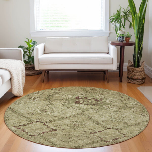 8' Brown Beige And Artichoke Green Round Floral Washable Indoor Outdoor Area Rug