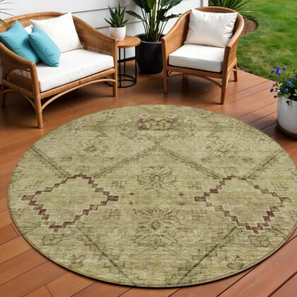8' Brown Beige And Artichoke Green Round Floral Washable Indoor Outdoor Area Rug