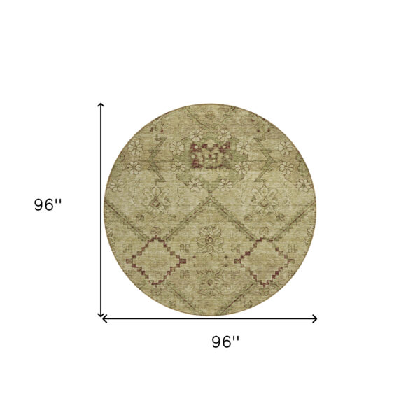 8' Brown Beige And Artichoke Green Round Floral Washable Indoor Outdoor Area Rug