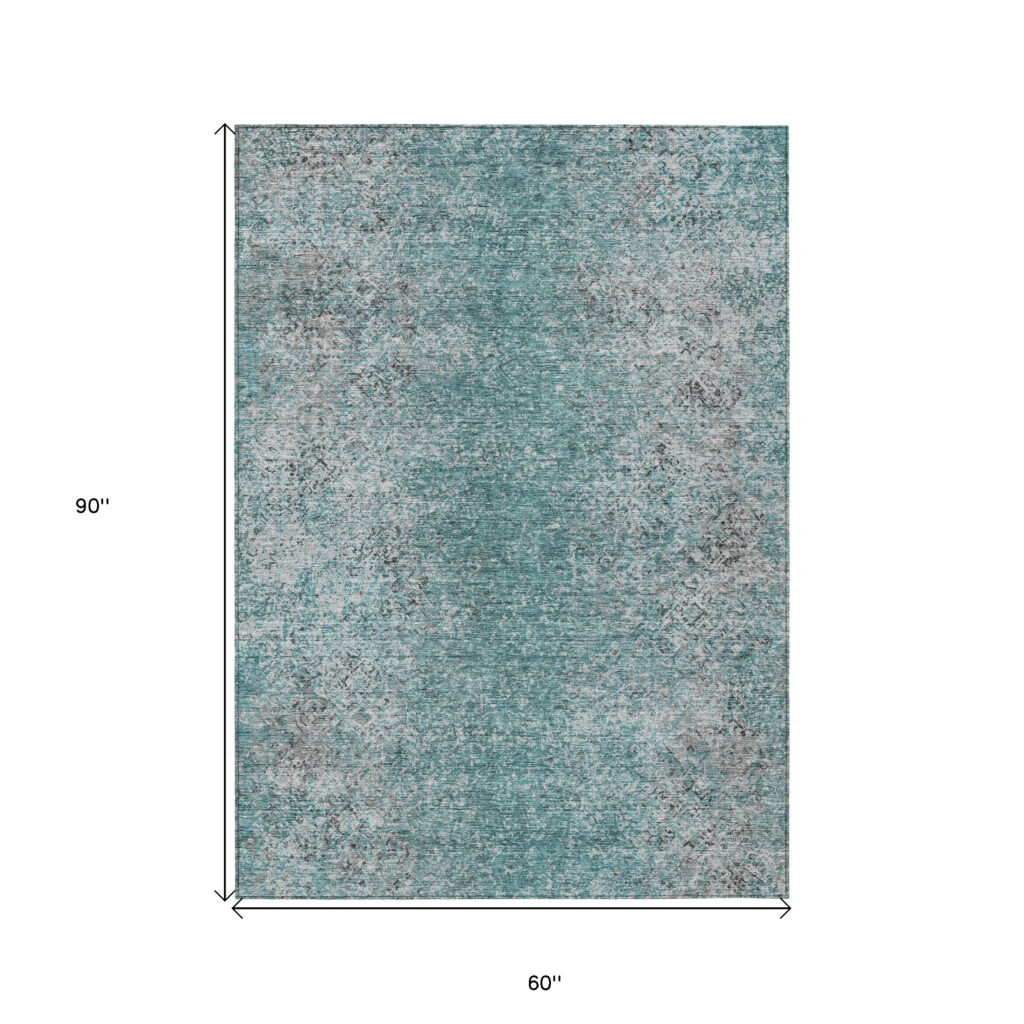 5' X 8' Teal Blue Gray And Charcoal Oriental Washable Indoor Outdoor Area Rug