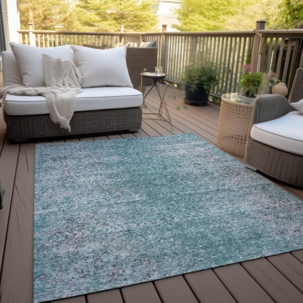 5' X 8' Teal Blue Gray And Charcoal Oriental Washable Indoor Outdoor Area Rug