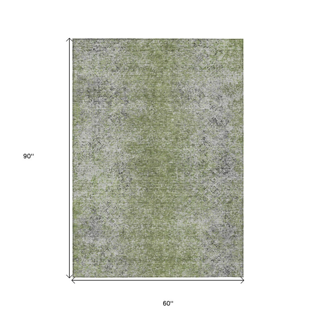 5' X 8' Fern Green Artichoke Green And Ivory Oriental Washable Indoor Outdoor Area Rug
