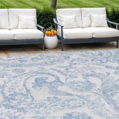 9' X 12' Sky Blue Denim Blue And Ivory Paisley Washable Indoor Outdoor Area Rug