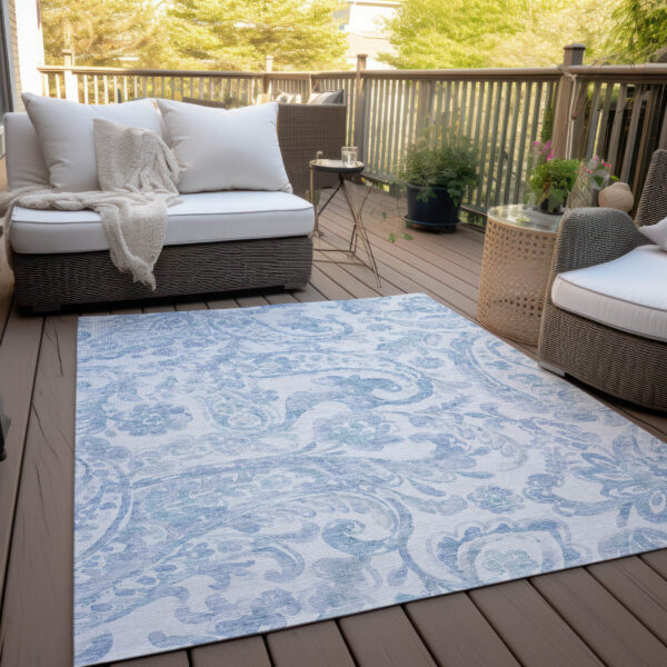 9' X 12' Sky Blue Denim Blue And Ivory Paisley Washable Indoor Outdoor Area Rug