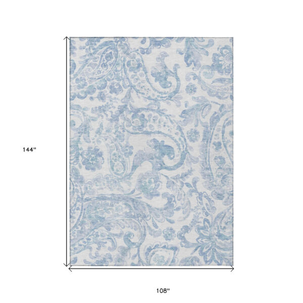 9' X 12' Sky Blue Denim Blue And Ivory Paisley Washable Indoor Outdoor Area Rug