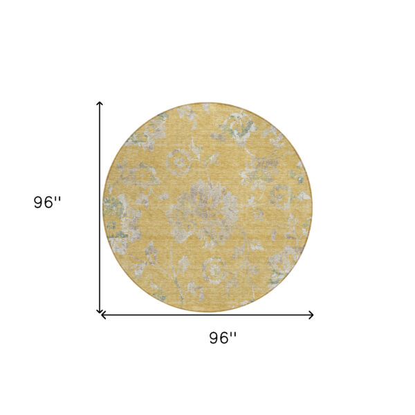 8' Gold Beige And Fern Green Round Floral Washable Indoor Outdoor Area Rug