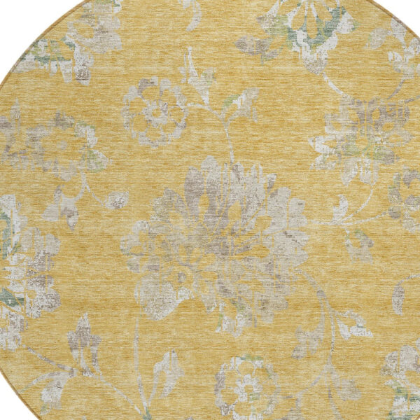 8' Gold Beige And Fern Green Round Floral Washable Indoor Outdoor Area Rug