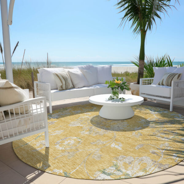 8' Gold Beige And Fern Green Round Floral Washable Indoor Outdoor Area Rug
