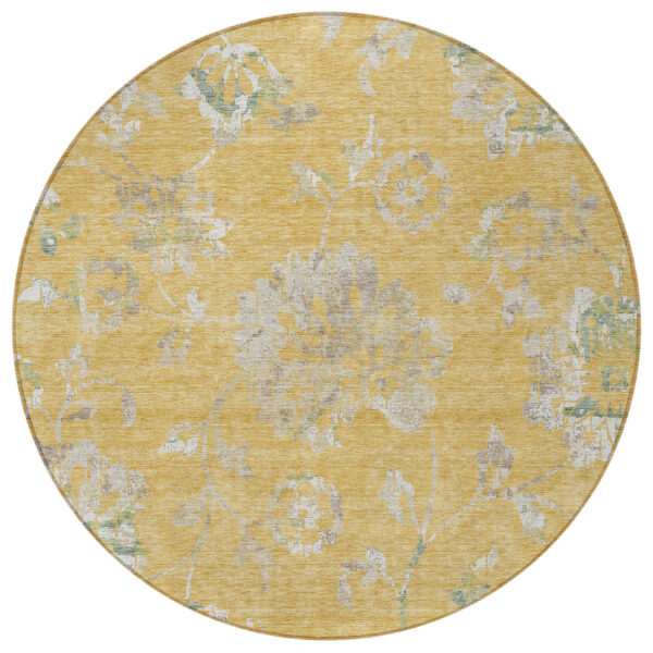8' Gold Beige And Fern Green Round Floral Washable Indoor Outdoor Area Rug