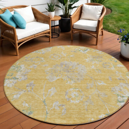 8' Gold Beige And Fern Green Round Floral Washable Indoor Outdoor Area Rug