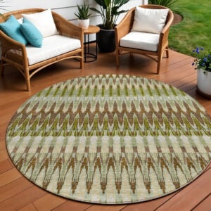 8' Artichoke Green And Brown Round Southwestern Washable Indoor Outdoor Area Rug
