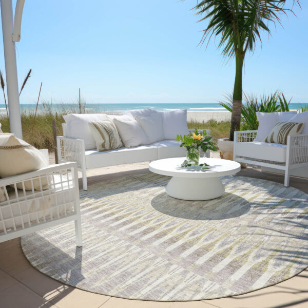 8' Beige Taupe And Gold Round Southwestern Washable Indoor Outdoor Area Rug