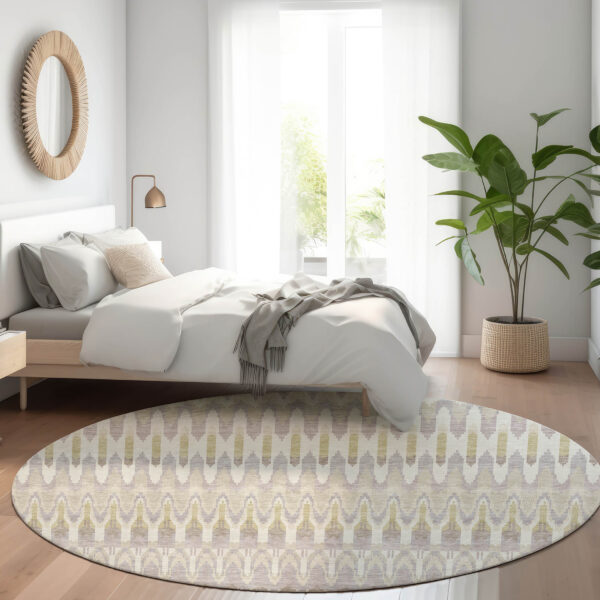 8' Beige Taupe And Gold Round Southwestern Washable Indoor Outdoor Area Rug