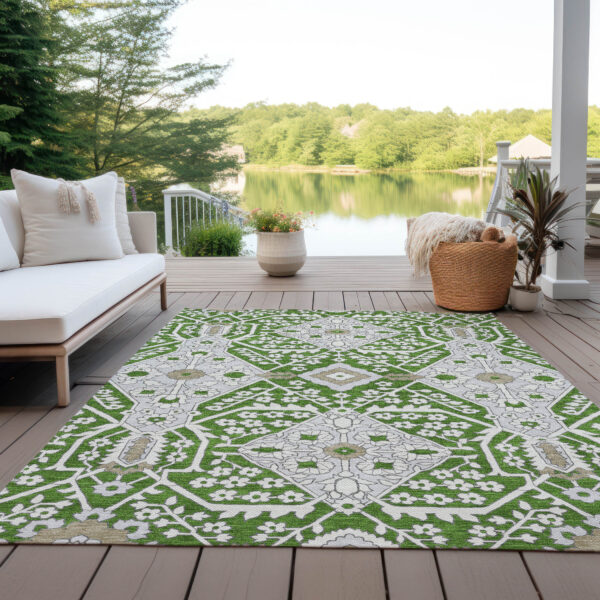 5' X 8' Green Gray And Taupe Floral Washable Indoor Outdoor Area Rug