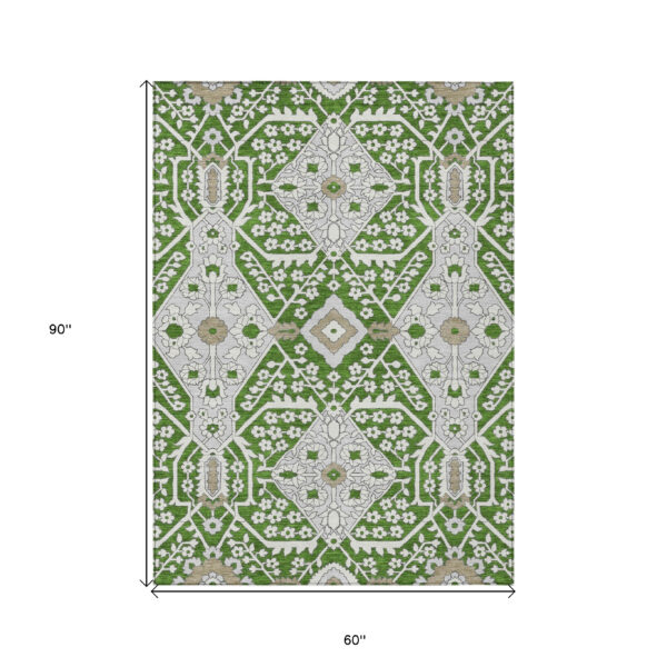 5' X 8' Green Gray And Taupe Floral Washable Indoor Outdoor Area Rug
