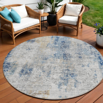 8' Denim Blue And Sky Blue Round Abstract Washable Indoor Outdoor Area Rug