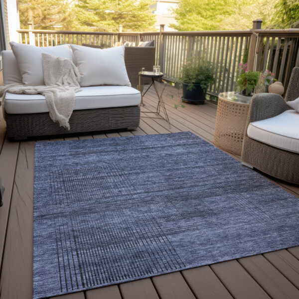 8' X 10' Navy Blue And Gray Striped Washable Indoor Outdoor Area Rug