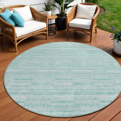 8' Turquoise Teal Blue And Gray Round Striped Washable Indoor Outdoor Area Rug