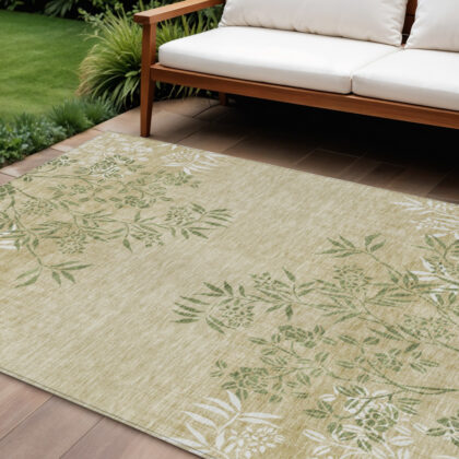 8' X 10' Khaki Ivory And Green Floral Washable Indoor Outdoor Area Rug