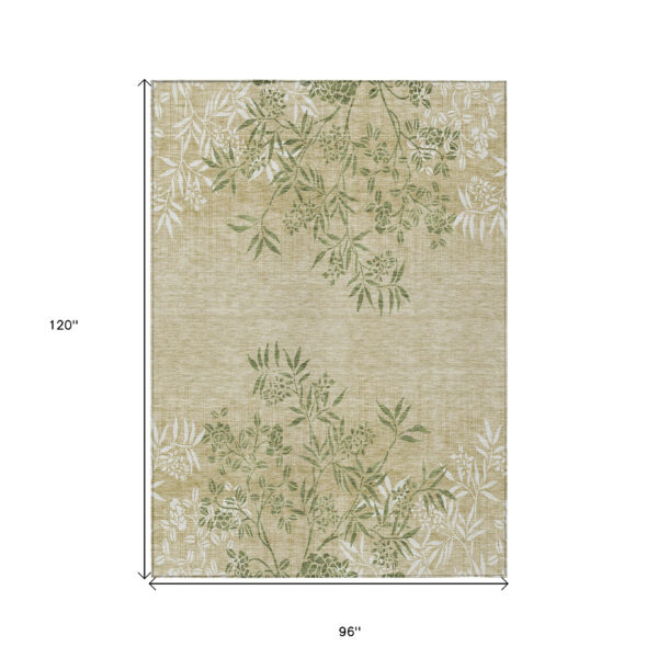 8' X 10' Khaki Ivory And Green Floral Washable Indoor Outdoor Area Rug