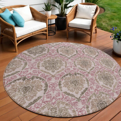 8' Chocolate Beige And Mauve Round Medallion Washable Indoor Outdoor Area Rug