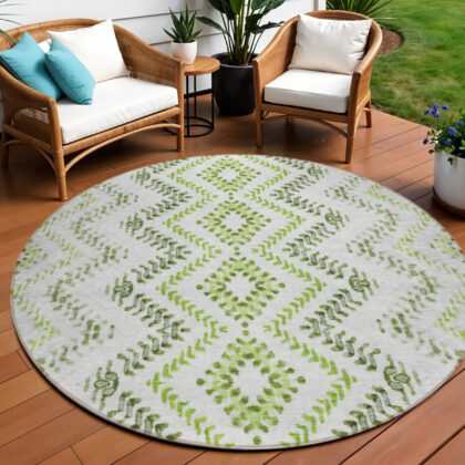 8' Green Ivory And Gray Round Geometric Washable Indoor Outdoor Area Rug