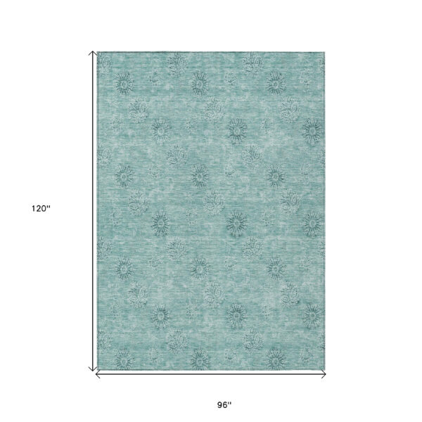 8' X 10' Teal Blue And Ivory Floral Washable Indoor Outdoor Area Rug
