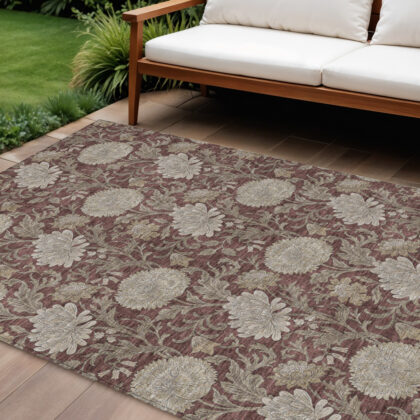 8' X 10' Merlot Taupe And Beige Floral Washable Indoor Outdoor Area Rug