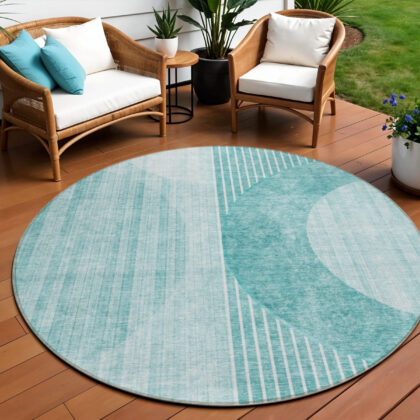 8' Teal Blue And Aqua Round Geometric Washable Indoor Outdoor Area Rug
