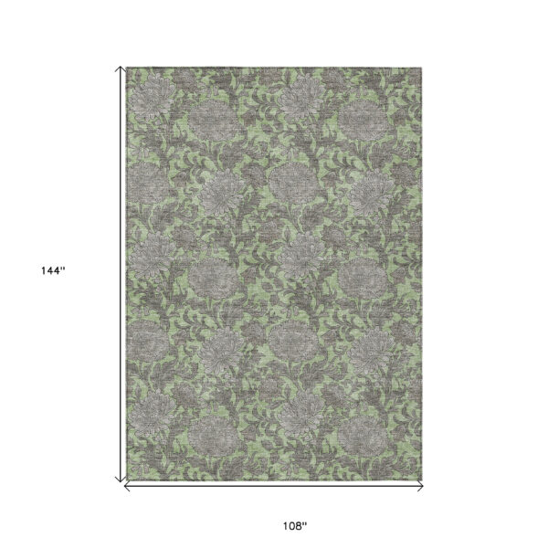 9' X 12' Artichoke Green Gray And Taupe Floral Washable Indoor Outdoor Area Rug