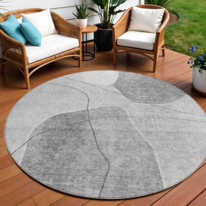 8' Gray Charcoal And Silver Round Abstract Washable Indoor Outdoor Area Rug