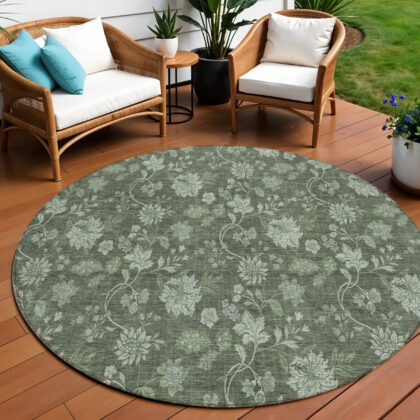 8' Olive Green And Artichoke Green Round Floral Washable Indoor Outdoor Area Rug
