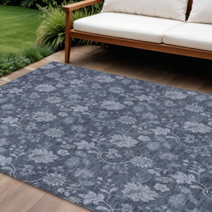 10' X 14' Denim Blue And Navy Blue Floral Washable Indoor Outdoor Area Rug