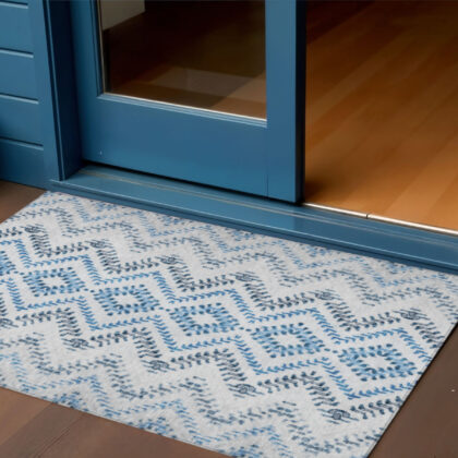 3' X 5' Navy Blue And Denim Blue Geometric Washable Indoor Outdoor Area Rug