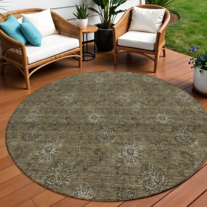 8' Brown And Beige Round Floral Washable Indoor Outdoor Area Rug