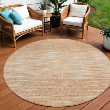 8' Salmon And Ivory Round Abstract Washable Indoor Outdoor Area Rug