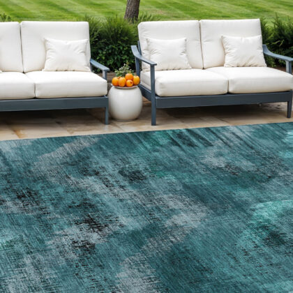 8' X 10' Teal Blue Aqua And Gray Abstract Washable Indoor Outdoor Area Rug
