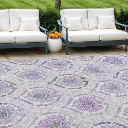 10' X 14' Purple Lavender And Gray Medallion Washable Indoor Outdoor Area Rug