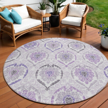8' Purple Lavender And Gray Round Medallion Washable Indoor Outdoor Area Rug