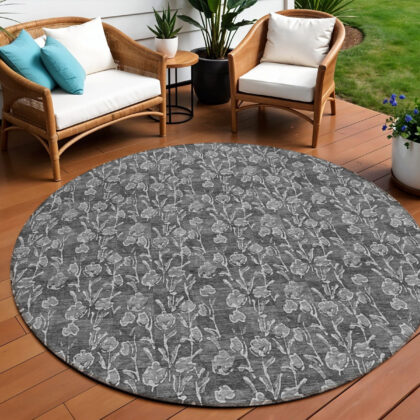 8' Gray Charcoal And Silver Round Floral Washable Indoor Outdoor Area Rug