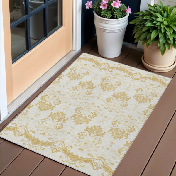 3' X 5' Gold Beige And Wheat Oriental Washable Indoor Outdoor Area Rug